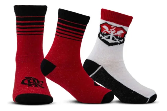 Kit 2 Meias Infantil Juvenil Casual Torcida Futebol Clubes Cor Flamengo Tamanho G (29 Ao 33)