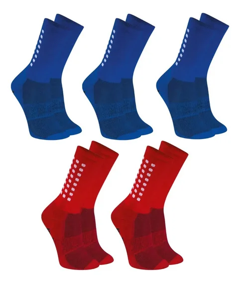 Kit 5 Meias Antiderrapante Futebol Academia Meia Masculina Azul/vermelho Liso 38ao43