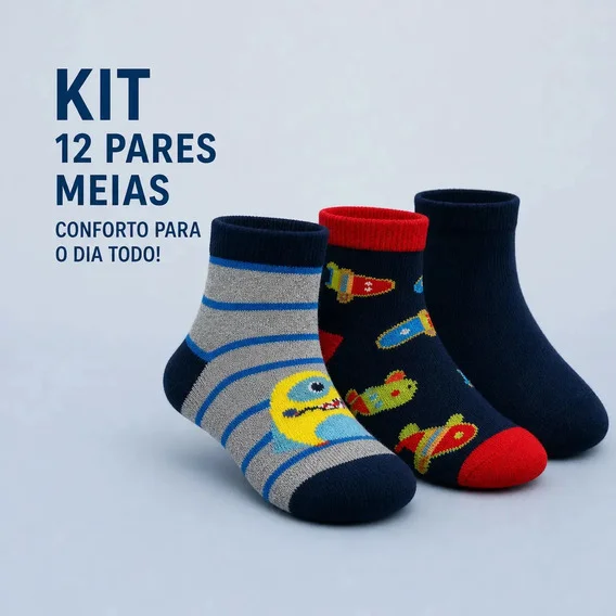 Kit 12 Pares de Meias Infantis Cano Invisível Algodão com Elas…